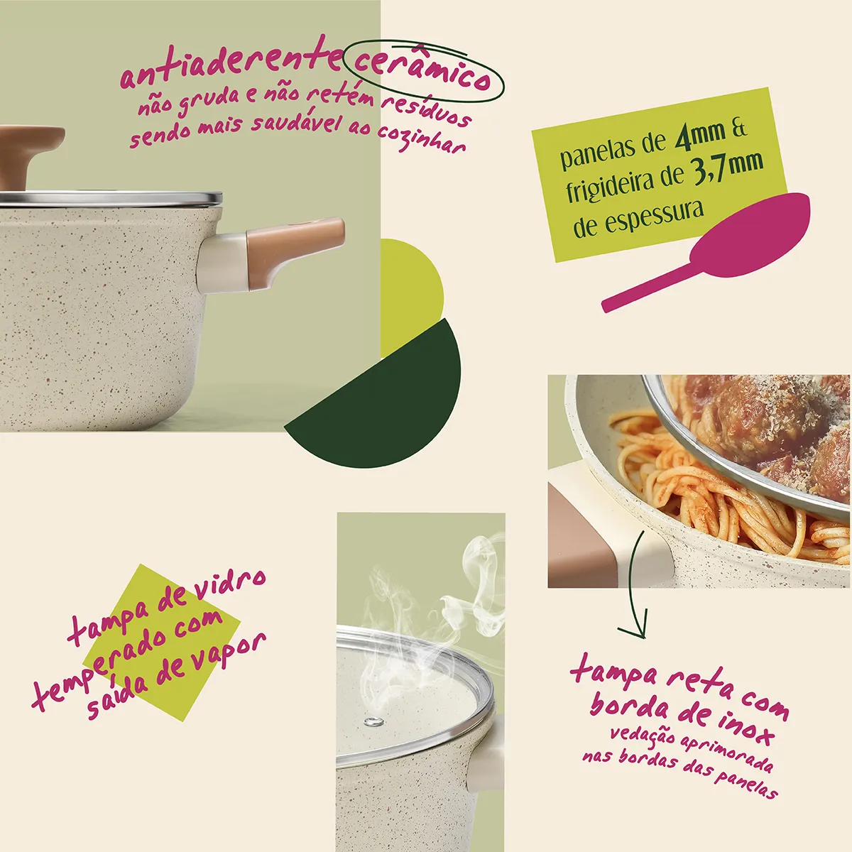 Jogo 5 Panelas Antiaderente Ultra Ceramic Mou Bege - Oikos - Imagem 5