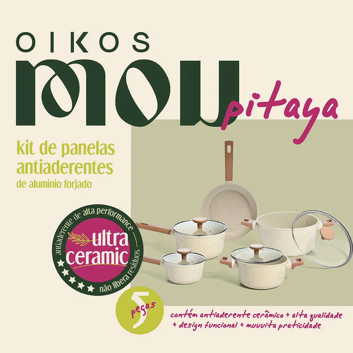 Jogo 5 Panelas Antiaderente Ultra Ceramic Mou Bege - Oikos