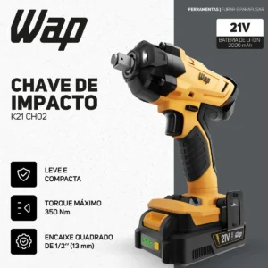 Chave De Impacto Wap K21 Ch02 2300 Rpm Com Carregador Bivolt Amarelo 127/220v 50/60 Hz